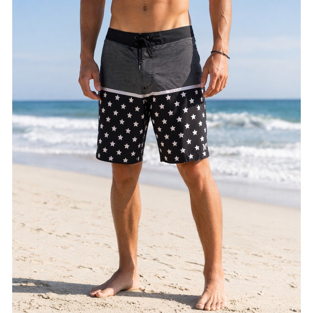 Hurley Phantom Boardshorts Size 34 Stars & Stripes Black White Surf Swim Trunks‎